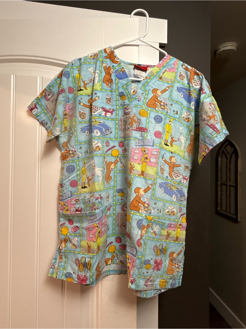 Light Blue Curious George Print Scrub Top - Playful Kids Character Design